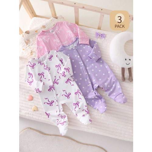 3pcs Newborn Infant Cute Heart Pattern Long Sleeve Romper Pajama Set, Minimalist & Fashionable Newborn Baby Pjs Baby Girl Jumpsuit Sets | SHEIN USA