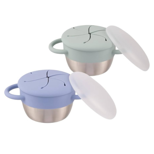 Elk and Friends Stainless Steel Snack Cups | Removable Silicone Food Catcher and Travel Lid | Spill-Proof Snack Containers for Baby, Toddler, Kids | Dishwasher Safe | 2 Pack