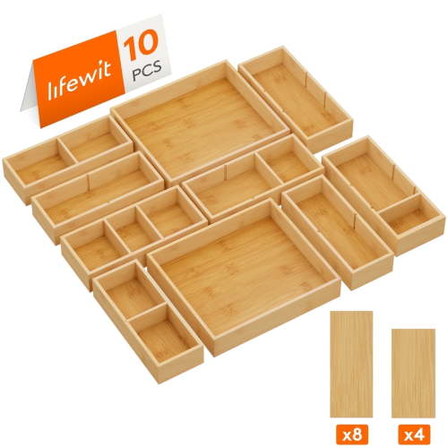 Lifewit Drawer Organizer Set - 22-Compartment Adjustable Bamboo Wooden Drawer Dividers, Storage Tray for Utensils, Silverware, Makeup in Kitchen, Bathroom, Office, Vanity, 10 Pcs