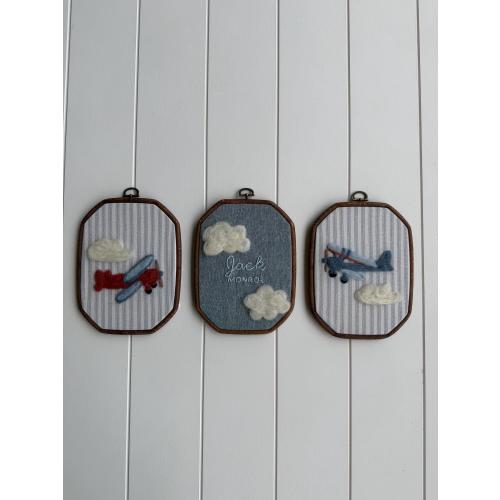 Vintage Airplane Nursery Wall Art Set of 3 – Personalized Aviation Nursery Decor – Needle Felt Embroidery Hoop – Baby Boy Room Decor