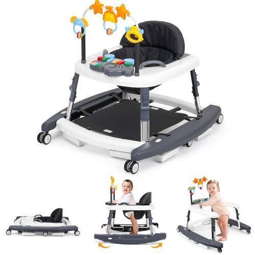 5-in-1 Music and Lights Baby Walker Foldable with 5 Adjustable Heights, Baby Walker with Wheels and Bouncer Combo Portable, Infant Toddler Walker for Baby Boy Girls 6-18 Months