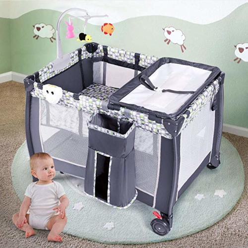 Costzon Baby Playard, 3 in 1 Convertible Playpen with Bassinet, Changing Table, Foldable Bassinet Bed with Music Box, Whirling Toys, Wheels & Brake, Large Capacity Basket, Oxford Carry Bag (Grey)