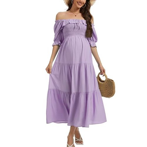 Half Sleeve Maternity Maxi Dress, Off-Shoulder Ruffled Elegant Flowy Baby Shower Photoshoot Dresses