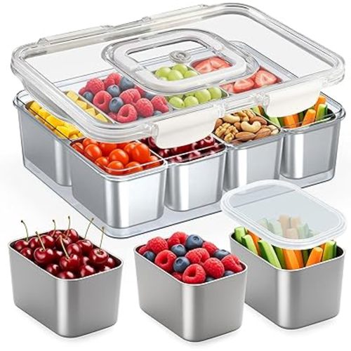 Snackle Box Container Stainless Steel - Reusable 8 Compartment Divided Serving Tray with Lid and Handle, Clear Portable Snack Containers Platters Storage Organizer for Snacks Fruit Candy Veggie Nuts