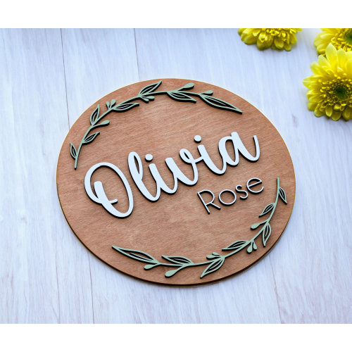 Nursery Name Sign, Round Wood Name Sign, Greenery Sign, Baby Girl Sign, Flower Nursery Sign, Above Crib Name Sign, Nursery Decor