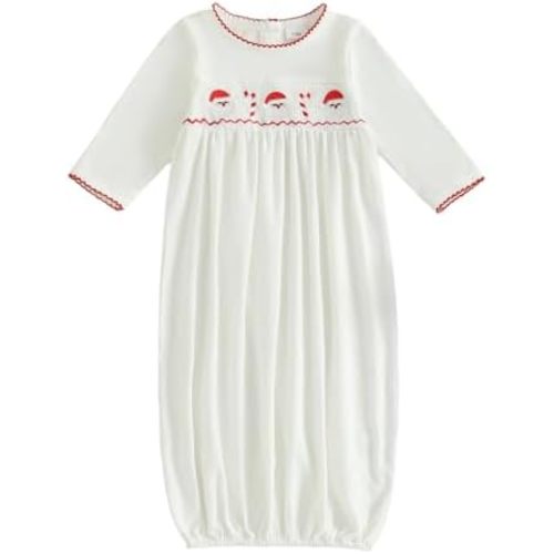 Sasaerucure Newborn Baby Girl Boy Christmas Outfit Santa Claus Sleepwear Smocked Long Sleeve Nightgown Pajama Sleeper