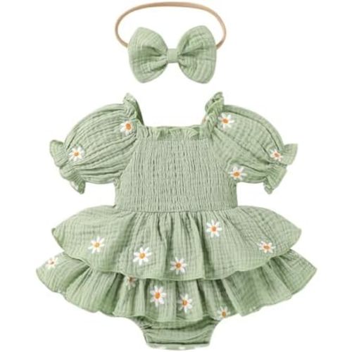 Happy Town Baby Girl Clothes Infant Summer Romper Dress Ruffle Short Sleeve Jumpsuit with Headband Cute Toddler Outfits
