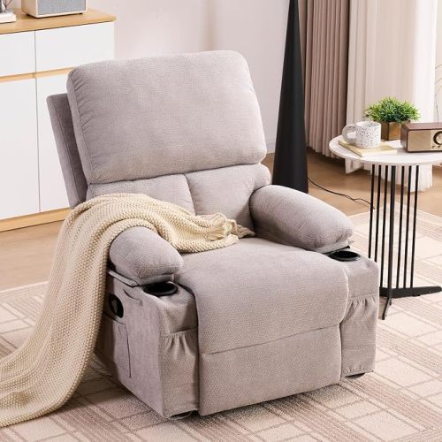Recliner Chair for Adults, Swivel Rocker Recliner with Massage and Heat, Nursery Glider Recliner, Manual Reclining Chair with Cup Holder and Side Pocket, Rocking Chair for Bedroom, Gray