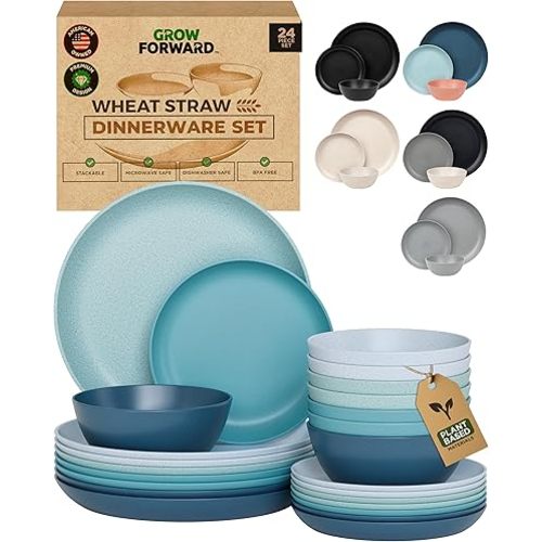 Grow Forward 24-piece Premium Wheat Straw Dinnerware Sets for 8 - Unbreakable Dishwasher & Microwave Safe Plastic Plates and Bowls Sets - Patio, Outdoors, RV, Camping Dishes - Seascape