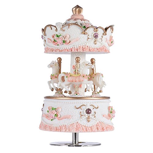 Musfunny Carousel Music Box for Girls: Rotating Horse with LED Light | Wind Up Musical Box Melody Castle in the Sky - Birthday Christmas Christening Gift Cake Topper Artware for Girl Mom Daughter