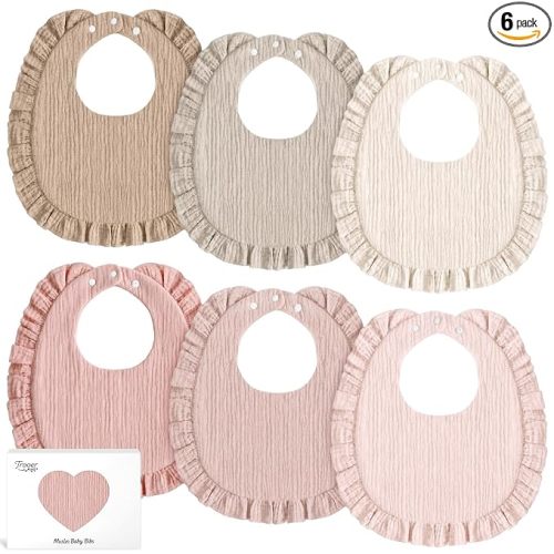 6 Pack Muslin Baby Bibs for Girls Boys, Drool Bibs with Ruffle Trim, Pink
