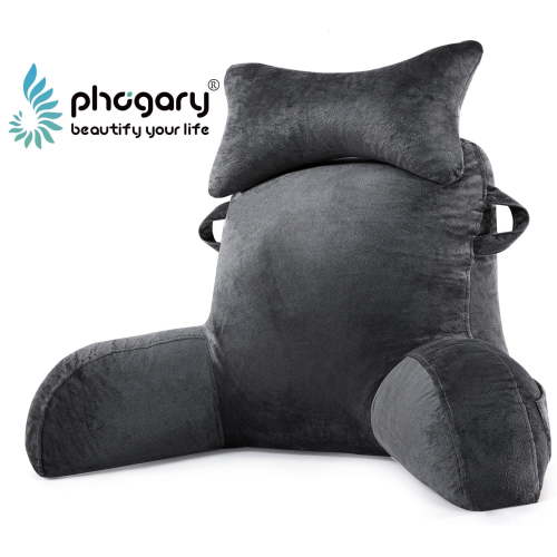 PHOGARY Reading Pillow, 23" Backrest Pillow with Arms and Pocket, Bed Rest Pillow with Detachable Neck Roll, Watching TV Bed Rest Reading Gaming Pillow for Adult Kids, Dark Grey