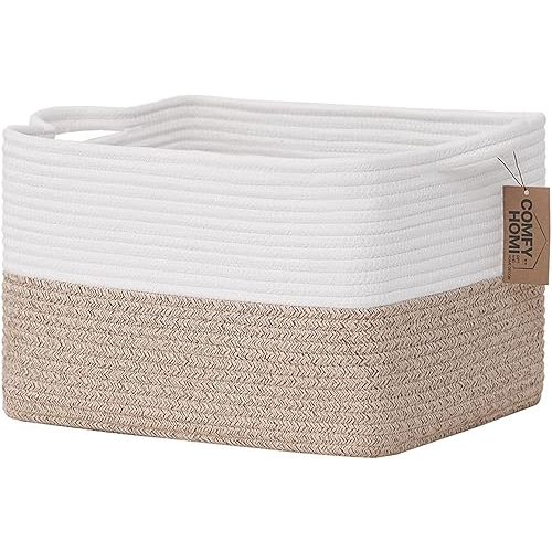 COMFY-HOMI Cotton Rope Woven Basket with Handles for Shelves,Toys,Book, Cloth Storage Baskets for Organizing-13.5" x 11" x 9.5" Toy Decorative Organizer for Living Room, Bathroom (White/Brown)