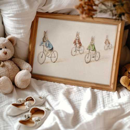POSTER PRINTS | Biker Bunnies | Antique Beatrix Potter Illustration of Bunnies Riding Bicycles | Vintage Nursery Decor | 048P