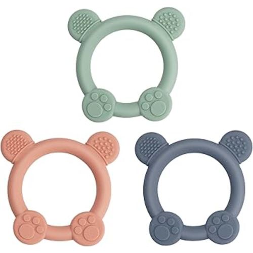 3 Pack Baby Teether, Bear-Shaped Silicone Teething Toys for Infants 0-24 Months, BPA-Free Chew Toys to Soothe Sore Gums (Pale Pink & Green & Blue)