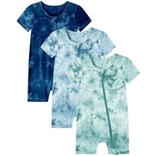 Jimonda Baby Girl Boys Rayon From Bamboo Pajamas 3 Pack Short Sleeve Footless Romper 2 Way Zipper Tie Dye Pjs Sleeper 0-24M