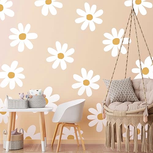12 Sheet Daisy Wall Sticker Decal Removable Cute Daisy Bedroom Room Decor Flower Wall Sticker Pink White Flower Decal Wallpaper Peel and Stick for Nursery Home(White, Yellow,Vintage Style)