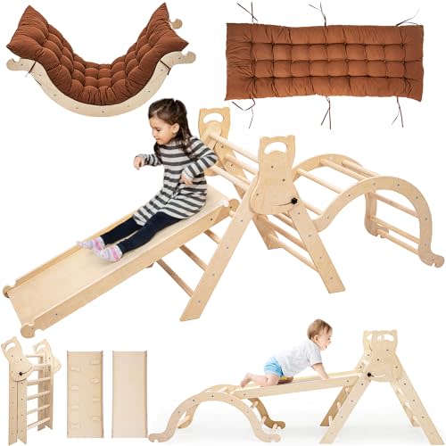 NEOCOZY Pikler Triangle Set with Cushion, Arch and Slide, Toddler Climbing Toys Indoor Playground, Montessori Climbing Set, Indoor Jungle Gym, Wooden Pickler-3 Piece Climbing Gym for Kids 1.5-6yr
