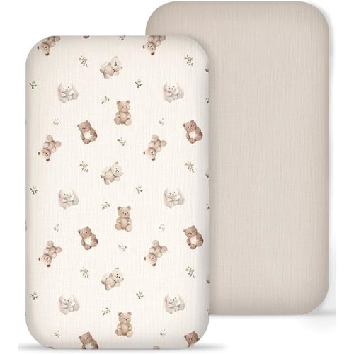 Muslin Bedside Bassinet Sheets 2 Pack, 33x20 Fitted Ultra Soft & Breathable Bedside Sleeper Sheets, Ideal for Baby Girl and Boy, Perfect for Newborns (Teddy & Friends)