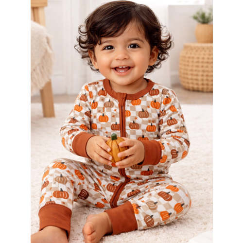2-Way Convertible Zip Romper, Pumpkin Checkerboard – SpearmintLOVE