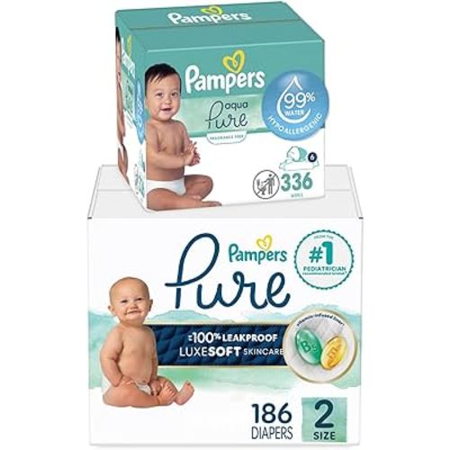 Pampers Pure Protection Disposable Baby Diapers Size 2, 186 Count with Aqua Pure Baby Wipes, 6X Pop-Top Packs (336 Count)