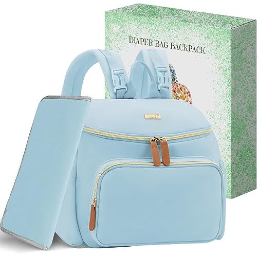 Compact Diaper Bag Backpack – Lightweight & Waterproof Baby Bag for Moms & Dads, Includes Changing Pad & Stroller Straps, Small Travel Diaper Backpack for Daily Use –Lt Blue
