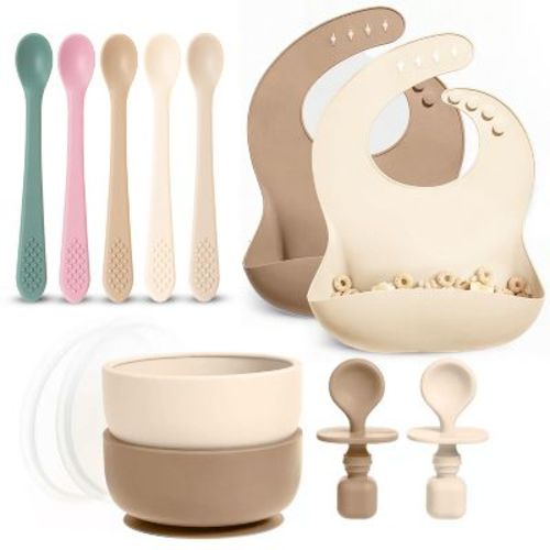 Baby Feeding Set – Silicone Bib, Bowl & Spoons for Self-Feeding, First Stage Baby Must-Haves, Gum-Friendly, BPA-Free, Easy to Clean
