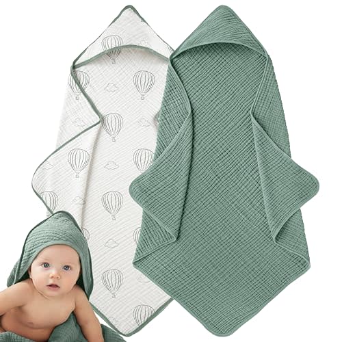 Muslin Hooded Baby Towels for Newborns, 32"x32", 100% Cotton – 6 Layers Super Soft Absorbent Breathable, Baby Bath Towel, Toddler Bath Towel – Pack of 2