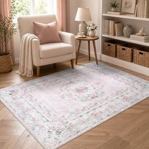 Wonnitar Pink Floral Bow 4x6 Area Rug, Washable Rug for Bedroom