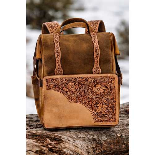 The Buckaroo - Western Leather Diaper Bag | Hand-Tooled Straps, Insulated Bottle Pocket
