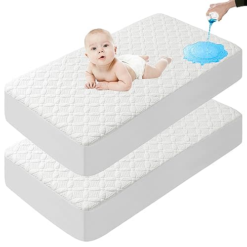 Lunsing 2 Pack Waterproof Crib Mattress Protector, Soft Breathable and Noiseless Baby Mattress Pad Cover with 4-13 in Deep Pockets
