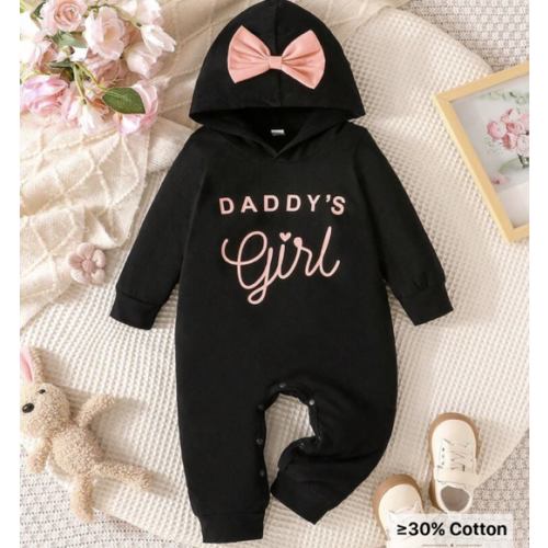 Baby Girls' Minimalist Comfortable Spring/Autumn New Letter Print Hooded Bow Decor Long Sleeve Jumpsuit | SHEIN USA