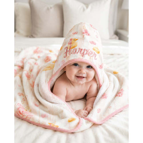 Bamboo Hooded Towel in Bubble Duckies Pink | Caden Lane