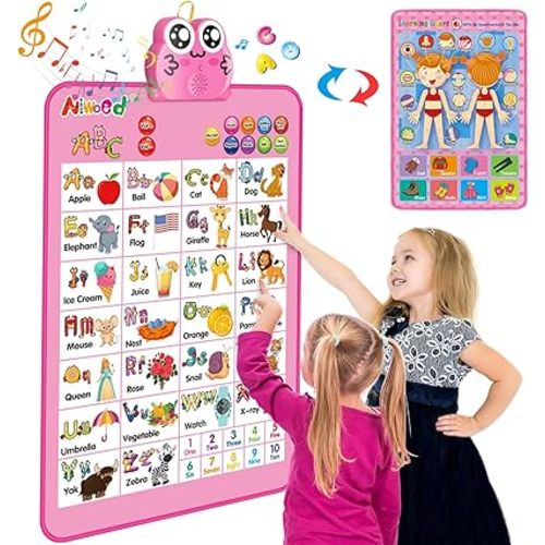 Electronic Interactive Double-Sided Alphabet Wall Chart, Talking ABC & 123 & Music & Learning Poster, Educational Toddlers Toys for Ages 2-4 Kids Gift, Best for Preschool Boys & Girls(Pink)