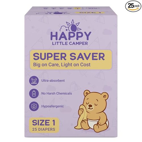 Happy Little Camper Super Saver Diapers, Size 1, 25 Count | Budget-Friendly Disposable Baby Diapers for Sensitive Skin | Hypoallergenic, Fragrance-Free, Ultra Absorbent