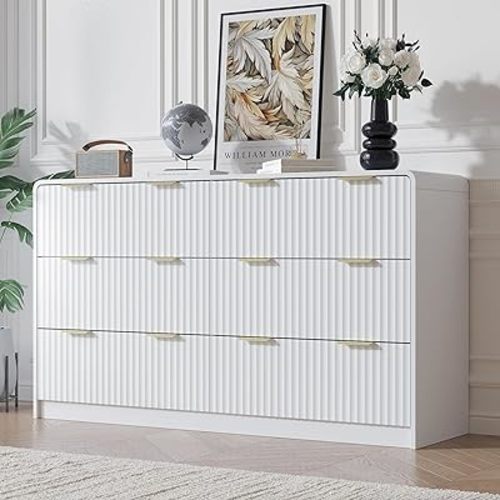 Fluted Dresser for Bedroom, 6 Drawers Dresser, 55" Wide Modern Chest of Drawers with Metal Handle, Black Dressers for Bedroom