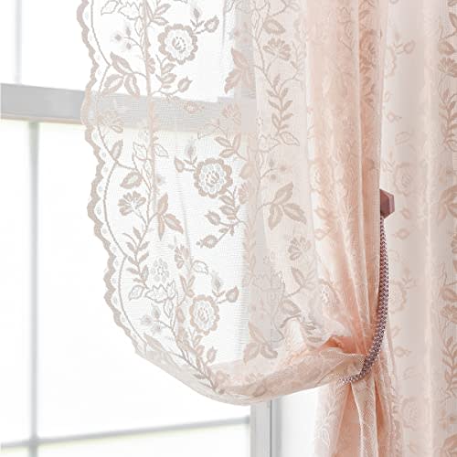 FINECITY Blush Lace Curtains 84 Inch Length - Rustic Country Floral Design Lace Curtain 2 Panels Set for Girls Bedroom, Privacy Scalloped Vintage Lace Window Curtains, 52 x 84 Inch, Blush Pink