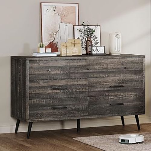 DWVO Dark Rustic Oak 7 Drawer Dresser, 47" W Large Double Dresser Chest of Drawers, Modern Wood Storage Organizer with Black Metal Handles & Anti-Tipping Device for Hallway, Entryway