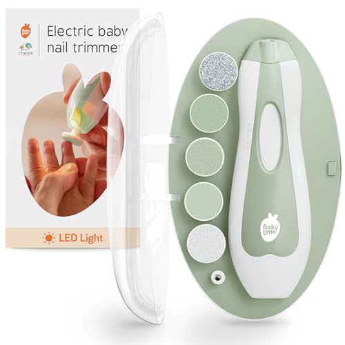 Baby Uma LED Baby Nail Trimmer Electric - Auto-Safety Stop Baby Nail Clippers, Bi-Directional Electric Baby Nail File with 2 Speeds & 6 Filing Discs, Newborn Essentials (+ Travel Case)