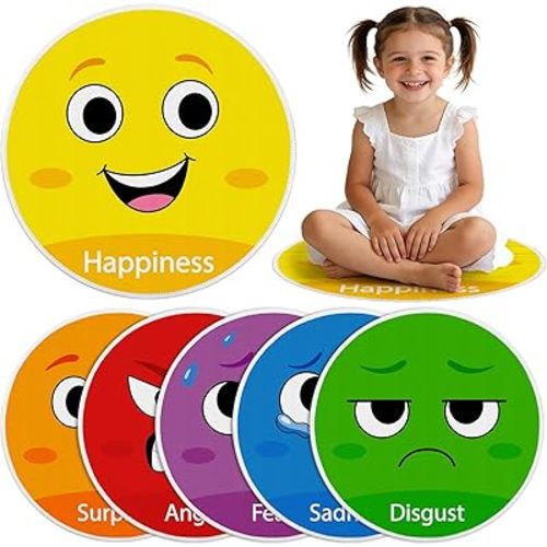 6pcs Emotion Recognition Carpet Circle Seats for Classroom Decor 17 Inch Colorful Floor Mat Small Classroom Rug Non Slip Floor Cushions for Preschool Kindergarten Reading Corner Playing Areas