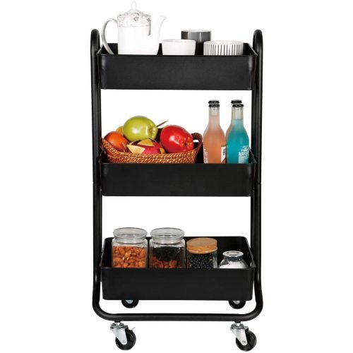 DESIGNA 3 Tier Metal Rolling Utility Storage Carts Little Organization Cart with Wheels for Office Indoor Home Kitchen Outdoor, Black