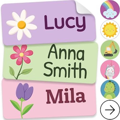 Personalized Name Labels for Kids (140 Labels) - Durable & Waterproof Custom Name Stickers for Clothing Tags, School Supplies, Camp & Daycare - Flowers (1.2”x0.5”)