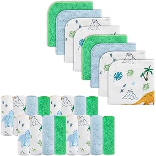 Baby Washcloths, 24Pack Baby Washcloth Extra Soft & Ultra Absorbent, for Unisex Boys Girls Body, Washclothes Gentle on Sensitive Skin, 9x9 Dinosaurs Trees