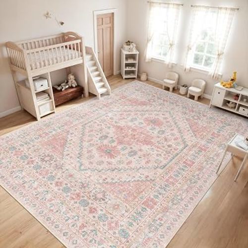 zesthome Pink Rugs for Bedroom-10x14 Area Rugs for Living Room,Girls Room | Washable Rugs for Nursery,Dining Room,Office,Low Pile,Soft, Vintage Rug,Stain Resistant Indoor Carpet,Non Slip,Home Decor
