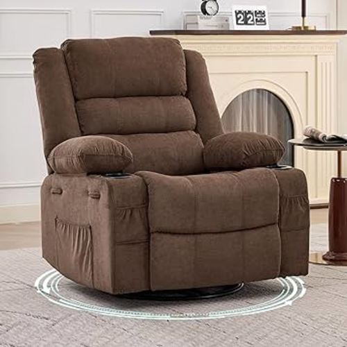 Rocking Recliner Chair for Adults, Oversized 360° Swivel Rocker Recliner with Cup Holder, Nursery Glider with Upholstered Deep Seat Linen Comfy Single Sofa for Living Room