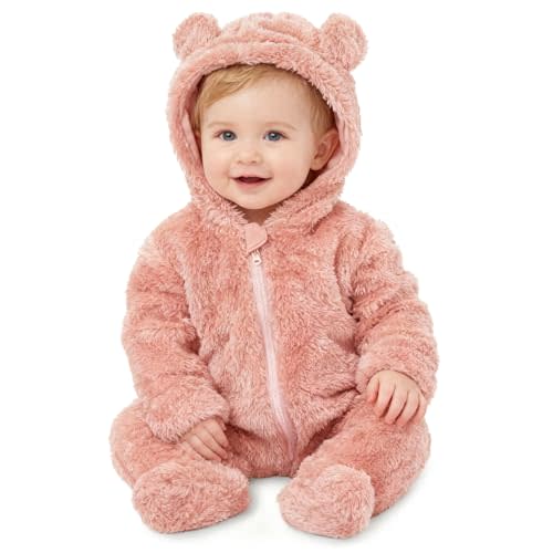Baby Bear Winter Fleece Hooded Snowsuit Jumpsuit for Boys & Girls | Soft plush fleece onesie with cozy warmth, bear-ear hood and smooth front zipper for everyday comfort in cold weather.