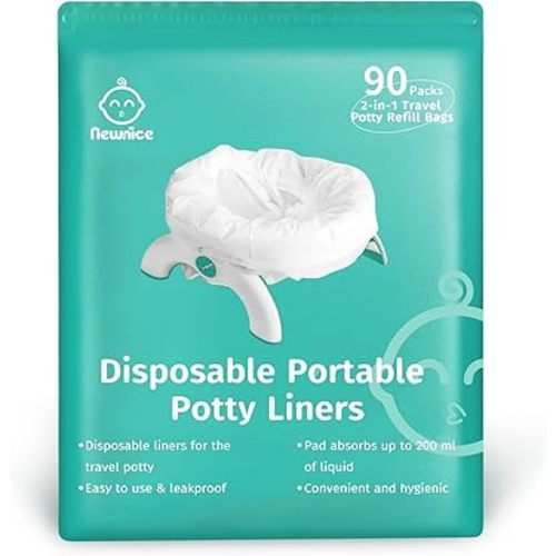 Newnice 90 Packs Disposable Potty Liners with 200ML Absorbent Pads, Travel Toilet Refill Bags Compatible with OXO Tot 2-in-1 Go Potty, Fits Most Toddler & Kids Potty Chairs for Training