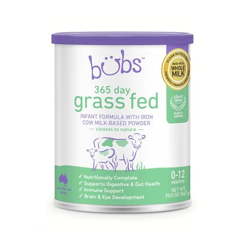 Bubs 365 Day Grass Fed Infant Formula with Iron, Cow Milk-Based Powder for Infants 0-12 Months, Made with Non-GMO Milk, 20 oz