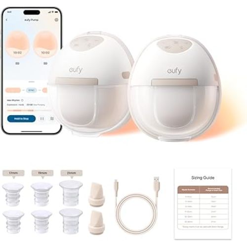eufy Security Heated Breast Pump Hands-Free E20, Wearable with Innovative HeatFlow, 3 Heat Levels, Optimized Rhythm via App, Hospital-Grade Suction, Leakproof, Ultra-Slim and Quiet for in-Bra Use