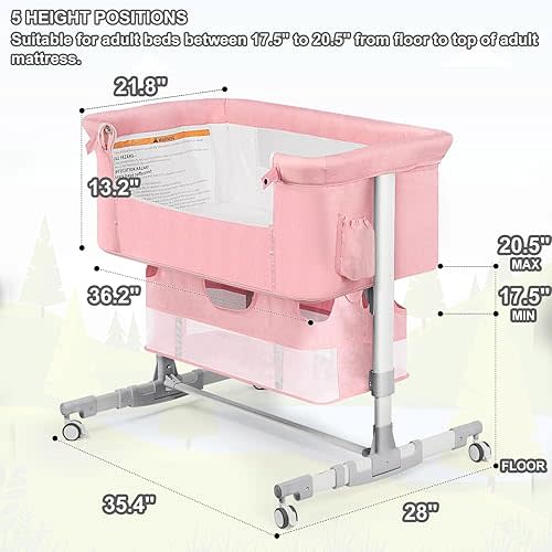 Baby Bassinet Bedside Sleeper with Diaper Changing Station + Mosquito Net + 16gallon Capacity Storage, Adjustable & Portable Bassinet Cosleeping Baby Bed (Pink)